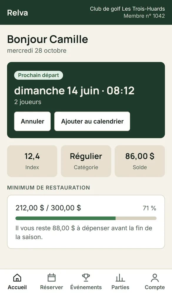 The golfer app: next tee time, index, balance and food minimum