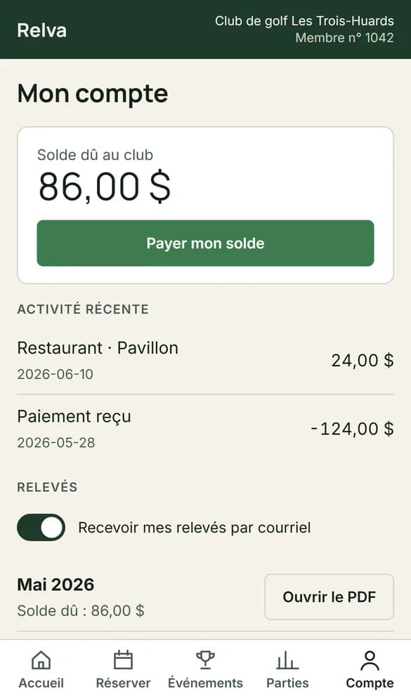 The member's account in the golfer app