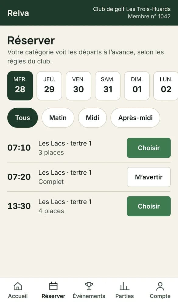 Booking a tee time in the golfer app
